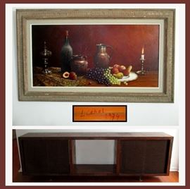 One of a Number of Leon Cepel Signed Oil Paintings and Mid Century Modern Low Credenza