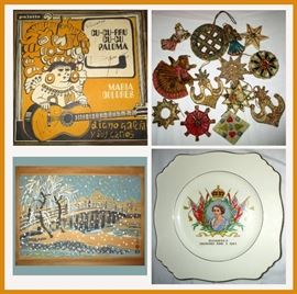 Signed 45 Jacket Maria Dolores, Wax Christmas Ornaments, Signed Asian Art and 1953 Queen Elizabeth Commemorative Plate 