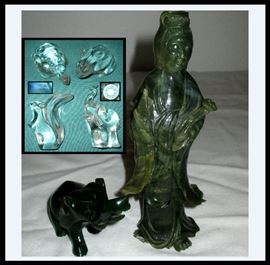 Small Jade Lady with some damage, Jade Elephant and Small Glass Figures 