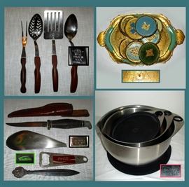 Copco USA Utensil Set, Boker Knife with Sheath, Trudeau Avocado Utensil, Coca Cola Bottle Opener, Tray and Coasters Made in Italy (4 More Large Matching Trays Available) and Pampered Chef Nesting Bowls