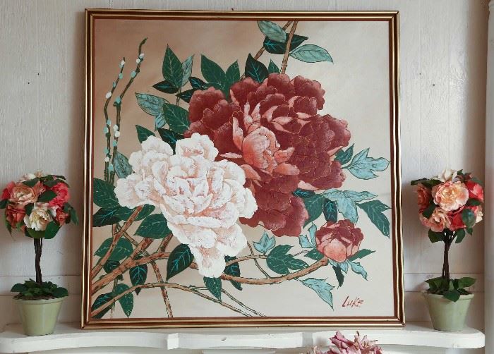 Painting of very large roses, signed "Luke".