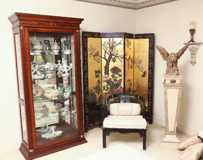 Display cabinet is filled with Capodimonte and Italian pieces, with some English items.