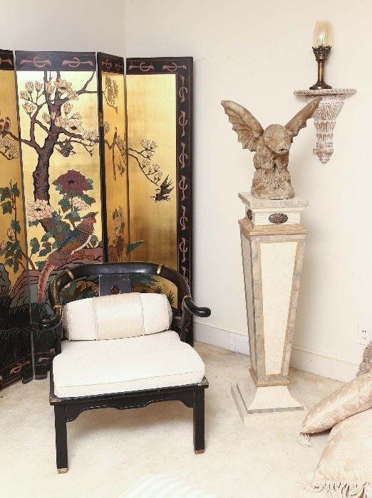 Pedestal with resin griffin, handsome Oriental screen.