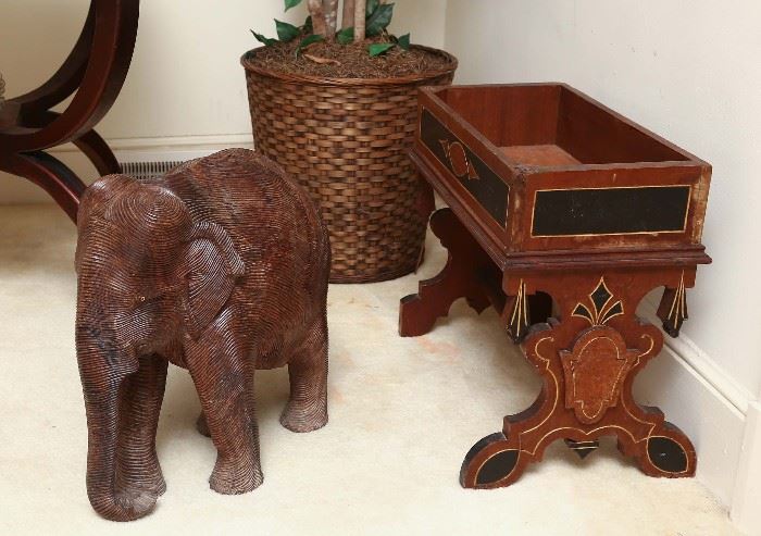 Carved wood elephant, Late Victorian planter.