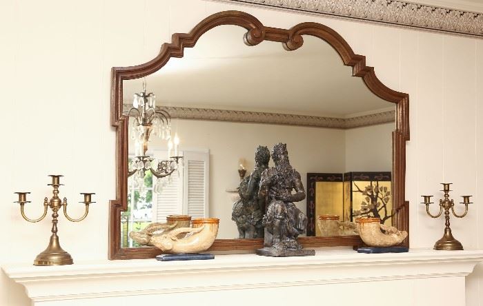 Shaped large mirror.  Spelter figure of Moses.
