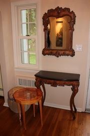 Small Carved Console Table with Matching Mirror, Small Inlaid Octagonal Side Table