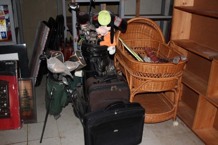 Assorted Luggage, Wicker Bassinet, Golf, Shelves and more