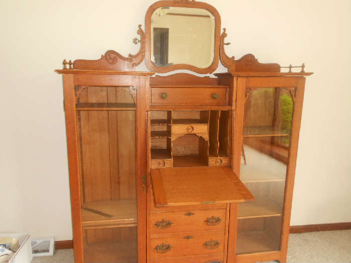 ANTIQUE OAK DOUBLE CHINA SECRETARY
