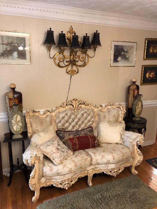 Heavily carved Provencial Love seat, sofa, and chair livingroom suite