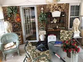 Great sunroom furinture, wall hangings, bakers rack. Guardian Lion Lawn Statuary
