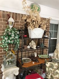 bakers rack and wall hangings