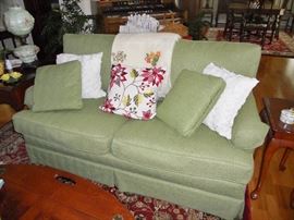 One of two small upholstered sofas--pristine