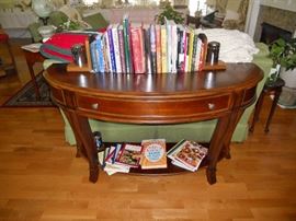 Half circle Hooker sofa/library table with drawer and shelf