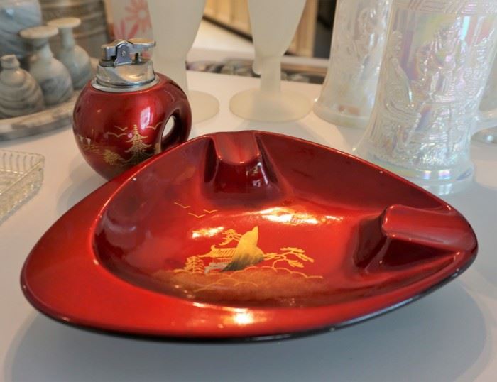 Vintage red lacquer lighter and ashtray