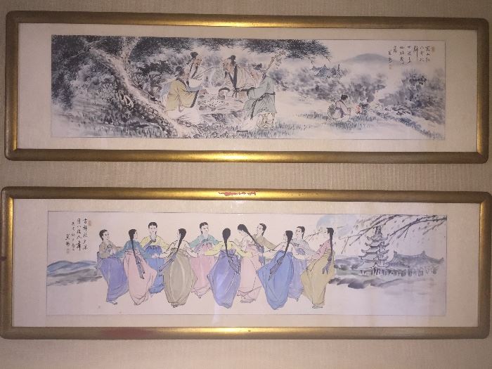 PAIR OF LARGE ORIGINAL ASIAN PAINTINGS IN GOLD LEAF FRAME: Dimensions: Width: 62". Height: 19".