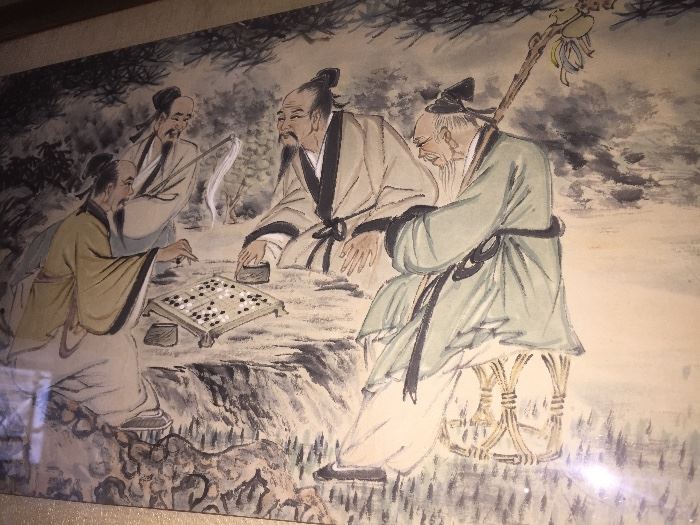 PAIR OF LARGE ORIGINAL ASIAN PAINTINGS IN GOLD LEAF FRAME: Dimensions: Width: 62". Height: 19".