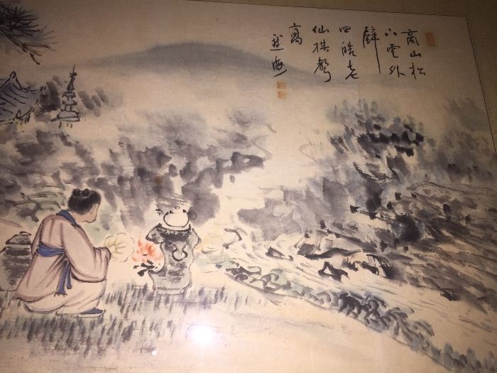 PAIR OF LARGE ORIGINAL ASIAN PAINTINGS IN GOLD LEAF FRAME: Dimensions: Width: 62". Height: 19".