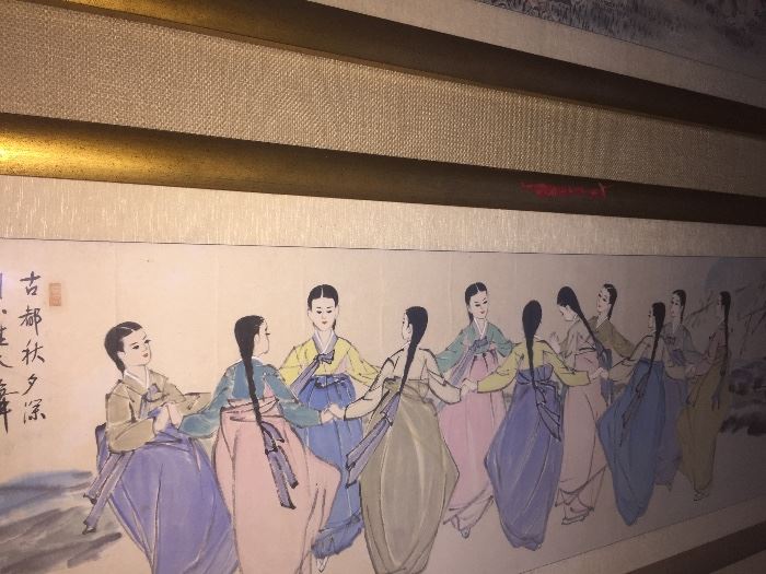 PAIR OF LARGE ORIGINAL ASIAN PAINTINGS IN GOLD LEAF FRAME: Dimensions: Width: 62". Height: 19".
