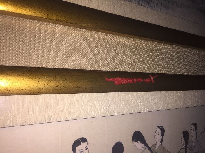 PAIR OF LARGE ORIGINAL ASIAN PAINTINGS IN GOLD LEAF FRAME: Dimensions: Width: 62". Height: 19".