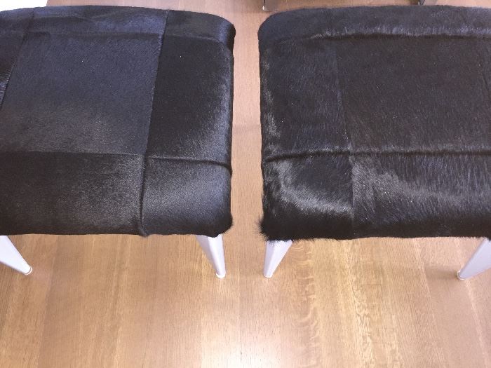 *NEW* PAIR OF DESIGNER MODERN PONY-HAIR OTTOMANS/END TABLES: Made by Century Furniture. Black pony-hair seat with gray legs. Width: 23". Depth: 23". Height: 19". Excellent, new condition.