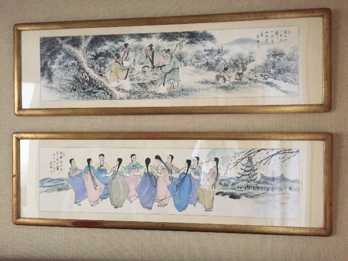 PAIR OF LARGE ORIGINAL ASIAN PAINTINGS IN GOLD LEAF FRAME: Dimensions: Width: 62". Height: 19".
