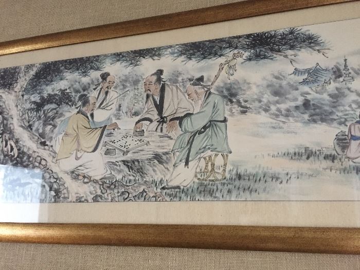 PAIR OF LARGE ORIGINAL ASIAN PAINTINGS IN GOLD LEAF FRAME: Dimensions: Width: 62". Height: 19".