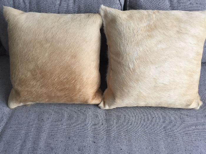 PAIR OF MITCHELL GOLD BOB WILLIAMS PONY HAIR GOLD DOWN-STUFFED PILLOWS: Excellent condition.