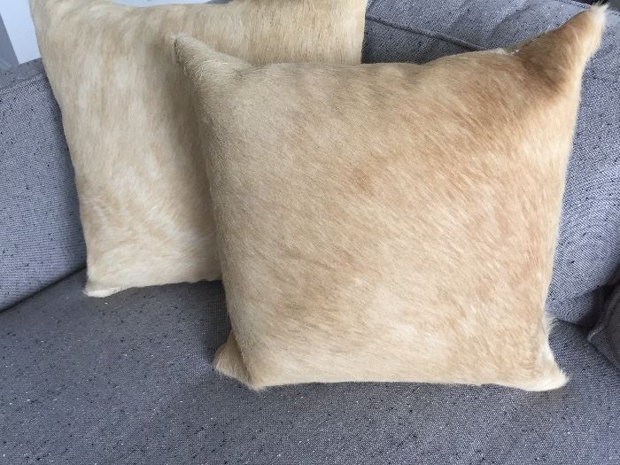 PAIR OF MITCHELL GOLD BOB WILLIAMS PONY HAIR GOLD DOWN-STUFFED PILLOWS: Excellent condition.