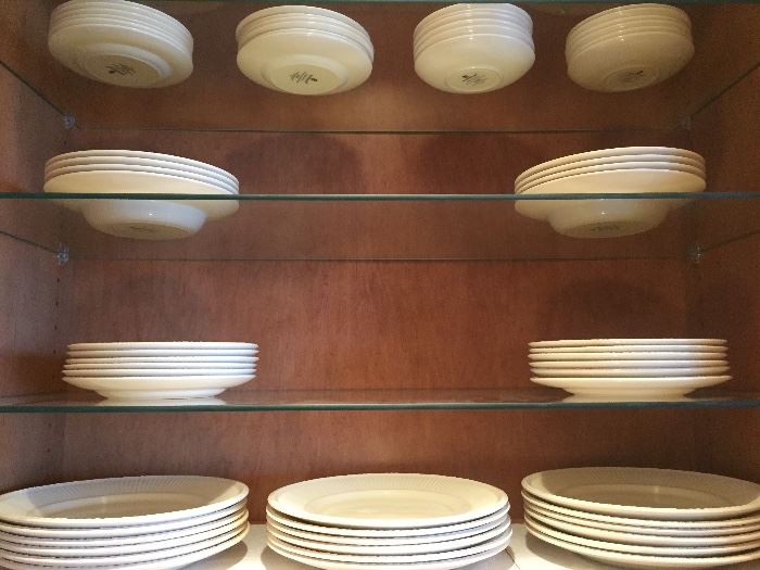 WEDGEWOOD CREME DISHWARE: Set of 12, 5-piece place settings. Each 5-piece place setting consists of: One dinner plate: 10.5". One salad/dessert plate: 8 1/8". One bread plate: One Cup. 6 3/8". One saucer. 5.75". 8 soup bowls included. Excellent, clean condition. No chips.