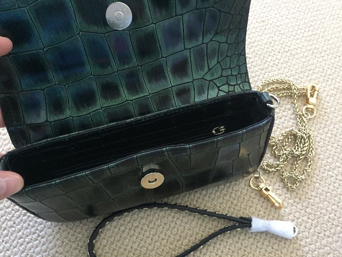 *NEW* ROBERTO CAVALLI EMBOSSED LEATHER CLUTCH: Forest green. Comes with gold chain for shoulder strap and detachable wrist band. Dimensions: Width: 8". Height: 4".