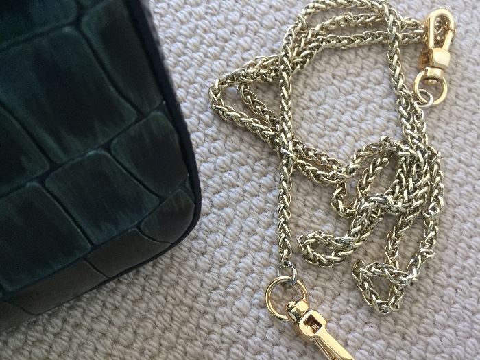 *NEW* ROBERTO CAVALLI EMBOSSED LEATHER CLUTCH: Forest green. Comes with gold chain for shoulder strap and detachable wrist band. Dimensions: Width: 8". Height: 4".
