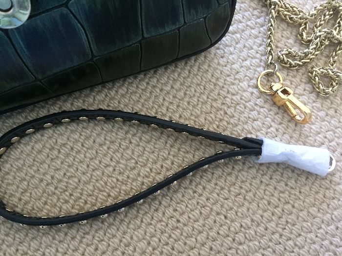 *NEW* ROBERTO CAVALLI EMBOSSED LEATHER CLUTCH: Forest green. Comes with gold chain for shoulder strap and detachable wrist band. Dimensions: Width: 8". Height: 4".