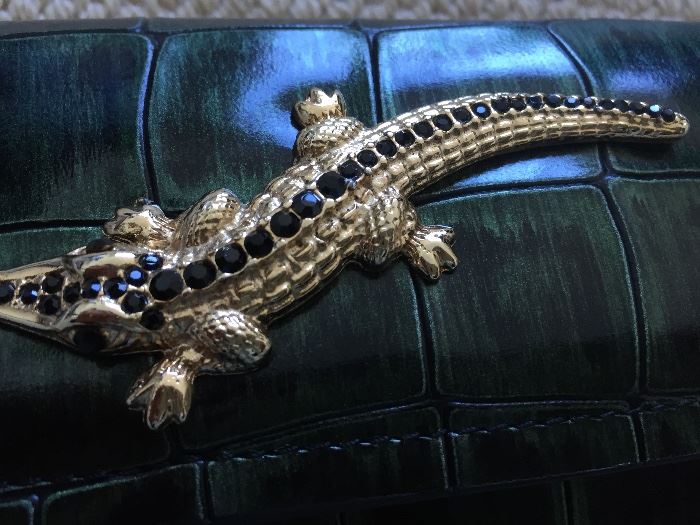 *NEW* ROBERTO CAVALLI EMBOSSED LEATHER CLUTCH: Forest green. Comes with gold chain for shoulder strap and detachable wrist band. Dimensions: Width: 8". Height: 4".