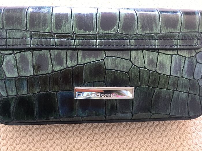 *NEW* ROBERTO CAVALLI EMBOSSED LEATHER CLUTCH: Forest green. Comes with gold chain for shoulder strap and detachable wrist band. Dimensions: Width: 8". Height: 4".