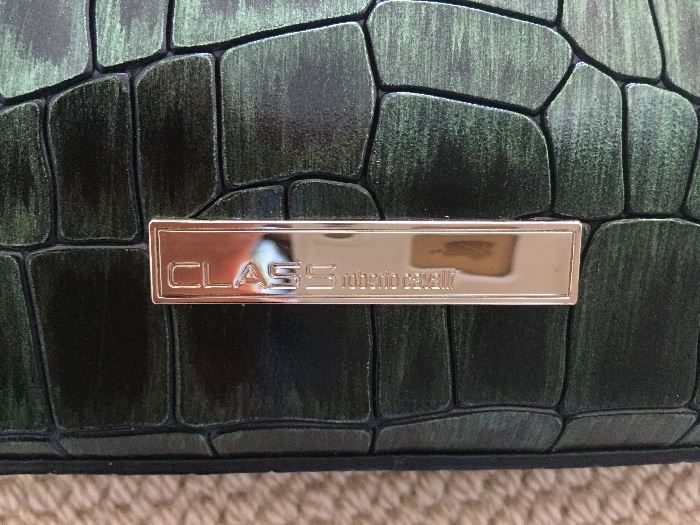 *NEW* ROBERTO CAVALLI EMBOSSED LEATHER CLUTCH: Forest green. Comes with gold chain for shoulder strap and detachable wrist band. Dimensions: Width: 8". Height: 4".