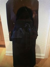 LADIES BEAUTIFUL LONG ITALIAN WOOL COAT WITH FUR COLLAR, FROM SAKS FIFTH AVENUE: Dark Navy wrap coat with belt. No buttons. Approximate measurements: Shoulder to shoulder: 20". Sleeve: 23.5". Waist: 50". Length: 50". Lightweight but warm coat. Wear 3 seasons. Light overall wear. In good condition. Prepare for fall/winter now with this incredible coat! $225.00.