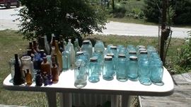 Antique mason jars, antique colored bottles