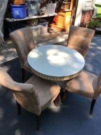 Available for showing in Clarendon Hills during sale hours or text for presale apptmt. 630-697-2138. Vintage painted wood table with 4 suede like chairs. 