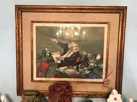 FINE AND DECORATIVE ART
1. FRAMED COLOR LITHOGRAPH ENTITLED 'THE SENATOR',
ARTIST: WILLIAM GROPPER, 1945; GRAPHITE - $400
Signed lower right in margin, and in plate, lower left, Sight: 14"h x 18"w, Frame: Burled walnut frame,
copper gilt bezel, l 1h''
Condition: Fair; foxing and mold deposits
Artist: William Gropper, (1897-1977)
Resource: Skinner, Boston, MA; lstDibs.com, Chicago dealer