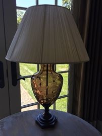 13. English Etched Brown Crystal Table Lamp w/ Metal Base (29'')