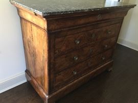 35. Louis Philippe Bookmatch Burl Wood Chest  w/ 4 Drawer & Stone Top (49'' x 23'' x 39'')