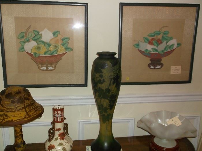 Fruit water colors on silk, Daum Nancy lamp and vase, Stueben bowl