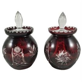 Antique Cranberry Cut To Crystal Condiment Jar