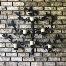 Wrought and Cast Metal Tree and Bird Votive Wall Sconce