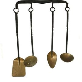 Antique Forged Iron and Brass Kitchen Hearth Skimmers and Utensils