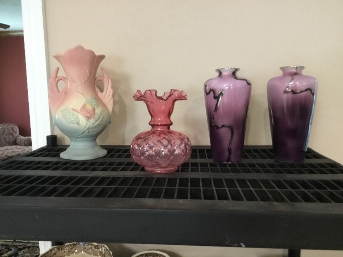 Hull, Cranberry glass vase, pair of purple vintage English vases