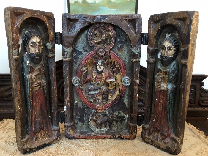 Spanish Colonial Wood Carved Polychrome, Tri-panel Religious Art