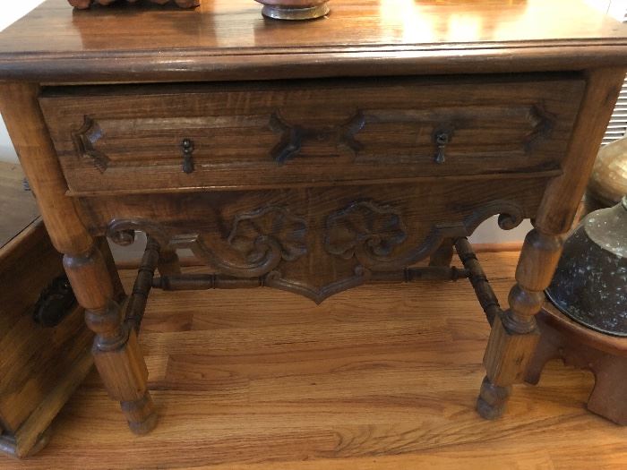 Early Century, Oak, Hand Carved Side Table with Drawer