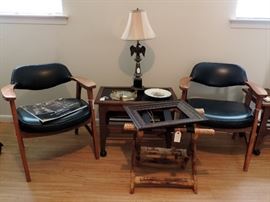 PAIR OF MID CENTURY CHAIRS AND SIDE TABLES