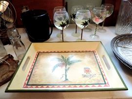 PALM TREE PLATTER AND WINE GLASSES